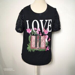More Love & Lace Black Short Eyelet Lace Sleeve Floral Print Top NWT Size Small